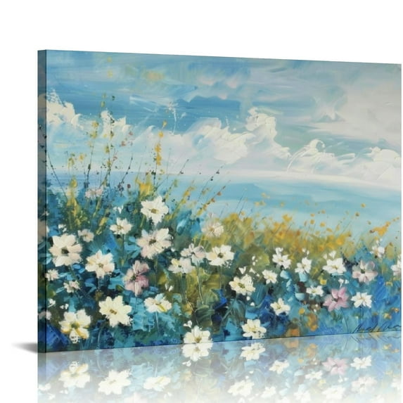 JRXY Flowers Wall Art Canvas White Daisy Floral Painting Blue Coastal Landscape Picture, Modern Large Size Framed Artwork for Living Room Bedroom Bathroom Dinning Room Home Wall Decor picture 2