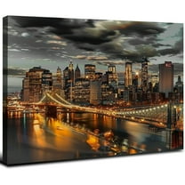 JRXY Focholor Brooklyn Bridge Canvas Wall Art New York City Pictures Manhattan City Night Scene Artwork Prints For Living Room Bedroom Home Decoration Easy To Hang  (Black Gold) 20x16inch