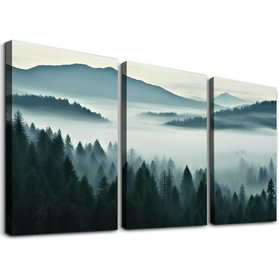 JRXY Foggy Forest Canvas Wall Art Indigo Misty Forest Pictures Blue Grey Abstract Mountain Trees Painting Artwork Nature Scene Canvas Art for Living Room Bedroom Home Wall Decor 12x16x3pcs