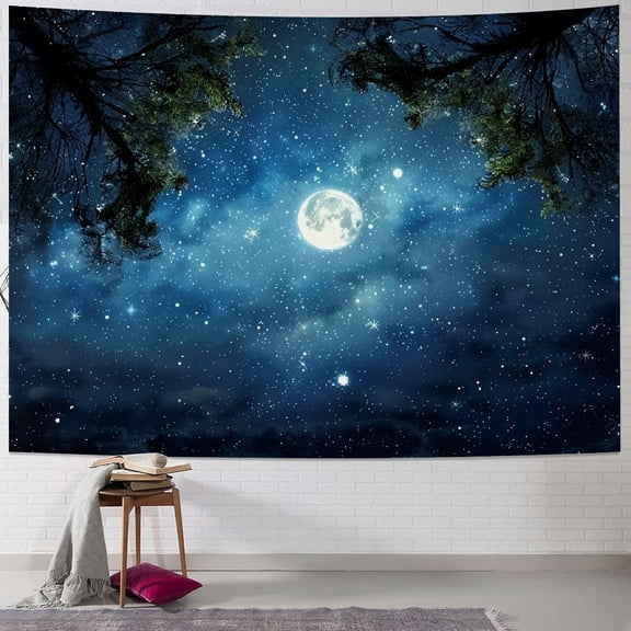 JRXY Forest Galaxy Starry Tapestry for Bedroom Ceiling, Blue Space Night Starry Sky Moon Stars Tapestry Aesthetic, Tree Forest Milky Way Backdrop Wall Hanging for Dorm Living Room Decor 40x30inch