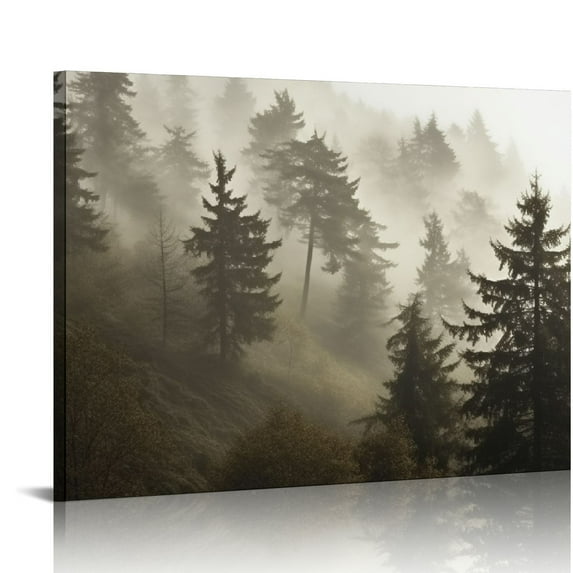 JRXY Forest Picture Canvas Wall Art: Foggy Mountain Landscape Misty Pine Trees Artwork Large Dark Nature Painting Photography Print for Modern Living Room Bedroom Bathroom 20x16 inch Picture 3