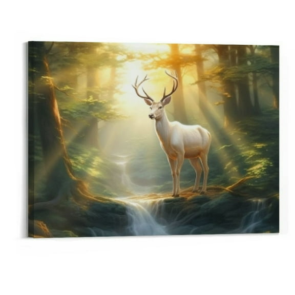 JRXY Forest Stream Wildlife White Tail Deer Poster Canvas Wall Art Picture Print Bedroom Decor Office Room Decor Aesthetic Gift 20x16 Inch  20x16in