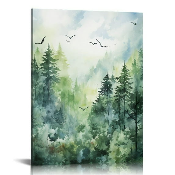 JRXY Forest Wall Art Watercolor Abstract Canvas Print Foggy Trees Woodland Nature Landscape Pictures, Modern Home Decor Artwork Framed for Bathroom Nursery Living Room 12x16 in