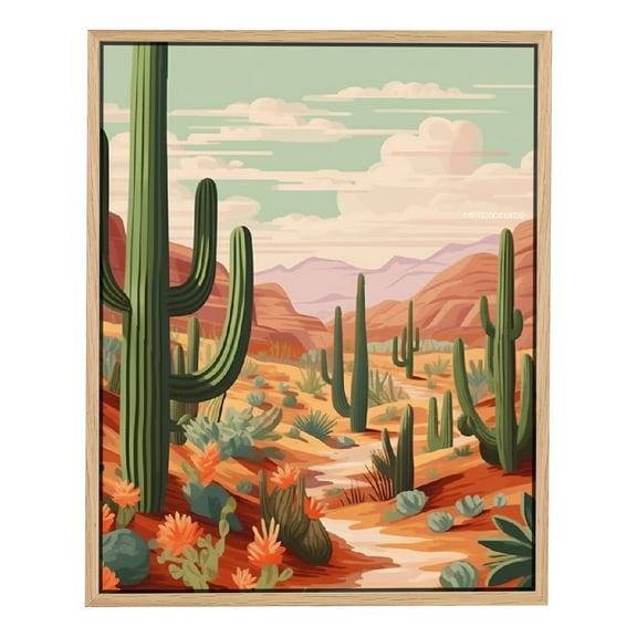 JRXY Framed Canvas Print Wall Art Cactus Desert Mountain Range Nature Wilderness Illustrations Modern Art Decorative Rustic Relax/Calm for Living Room, Bedroom, Office - NATURAL 16x20in