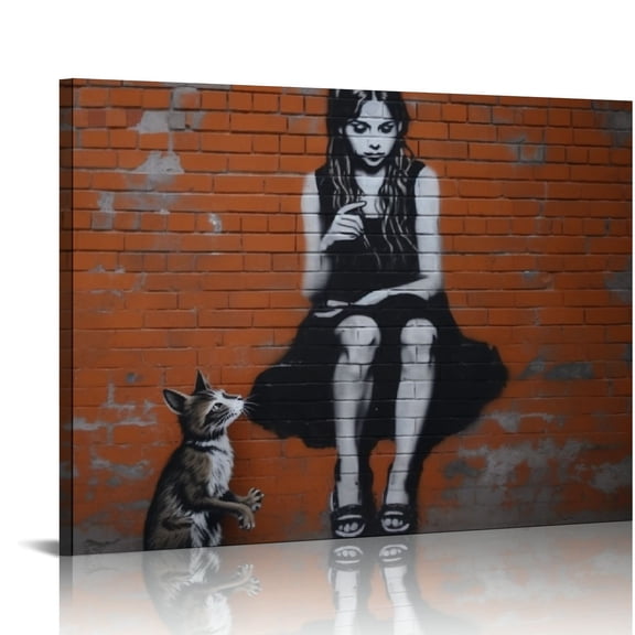 JRXY Framed Canvas Print Wall Art England United Kingdom Girl & Mouse Rat Graffiti & Street Art Cities Photography Modern Art Boho Edgy for Living Room, Bedroom, Office 16x12in