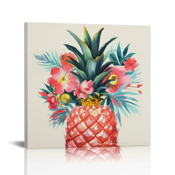 JRXY Framed Canvas Wall Art Print Pina Colada Floral Pineapple by Eva Watts 16 x 16 Sylvie Gold Frame Small 16x16 in