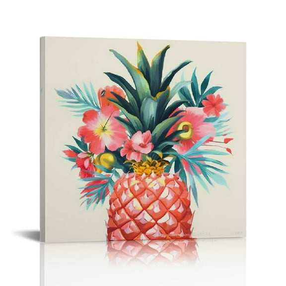 JRXY Framed Canvas Wall Art Print Pina Colada Floral Pineapple by Eva Watts 16 x 16 Sylvie Gold Frame Small 20x20 in