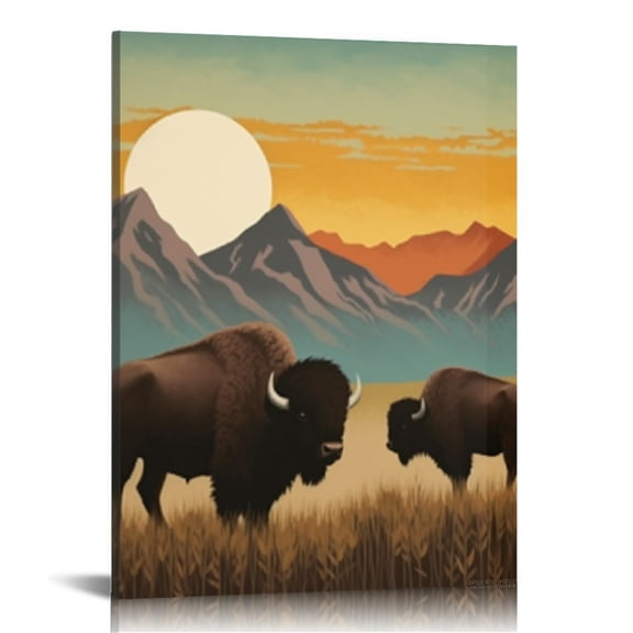 JRXY Framed Country Farmhouse Vibrant Bison Wall Art, Silhouette Animals Wall Decor Prints, Wilderness Nature Wall Décor for Living Room, Bedroom - 12"x16" White 16x20 in