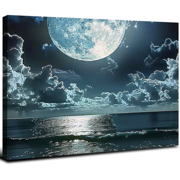 JRXY Framed Moon Over Ocean Canvas Wall Art Night Sky Full Moon White Cloud Canvas Prints Wall for Living Room Bedroom Bathroom Home Decor Ready to Hang 16x12inch
