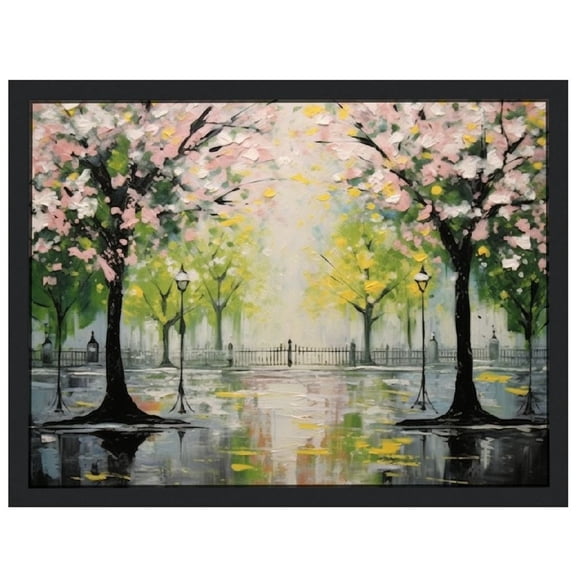 JRXY  Framed Pink Wall Art, Sakura street wall art Canvas poster,Flowers Sakura Blossoming abstract poster wall art painting for Living Room Decor  16x12in