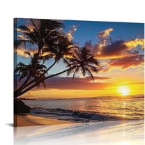 JRXY Framed Sunset Beach Wall Art - Tropical Island Beach Pictures Natural Beauty Scene Wall Decor Coastal Ocean Waves Painting Coconut Trees Canvas Print Artwork Home Office Decoration 20x16in