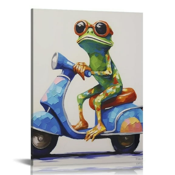 JRXY  Frog Canvas Wall Art Painting Painted Cute Painting Funny colorful Animal Picture Stretched Frame for Kidroom Living Room Bedroom Ready to Hang ( Hippie Frog Ride Motorcycle, 12x16 in
