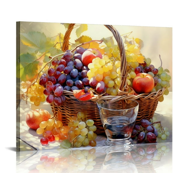 JRXY Fruits Canvas Wall Art, Oranges In Basket Pears In Bowl Vintage Picture, Flowers On Talbe Retro Painting, Perfect of Antiques and Fine Art Home Decor For Kitchen Dining Room (Waterproof) 20x16in