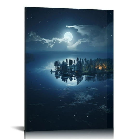 JRXY Full Moon Canvas Wall Art Fireflies forest Picutre Prints Magical Realism Painting Home Decor for Bedroom Ready To Hang 12x16 in