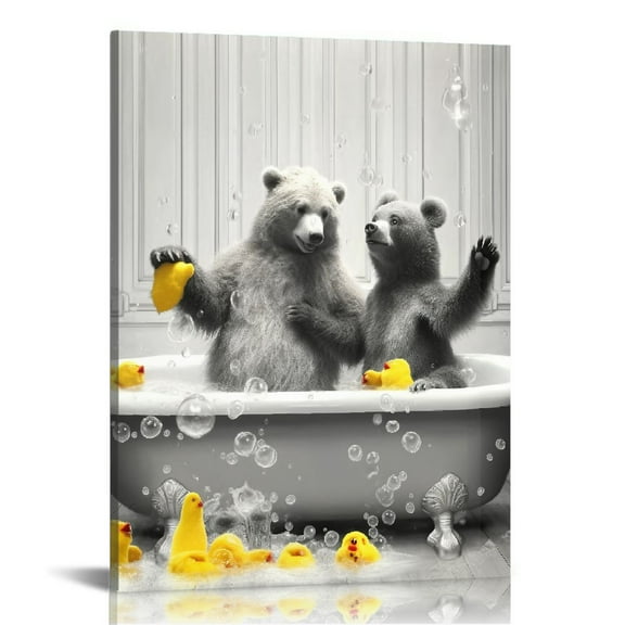 JRXY  Funny Bears Bathroom Wall Decor Black and White Bear Canvas Wall Art Cute Animals taking a Bubble Bath Poster Prints Modern Bathroom Accessories Framed Artwork for Home Bathroom 12x16 in