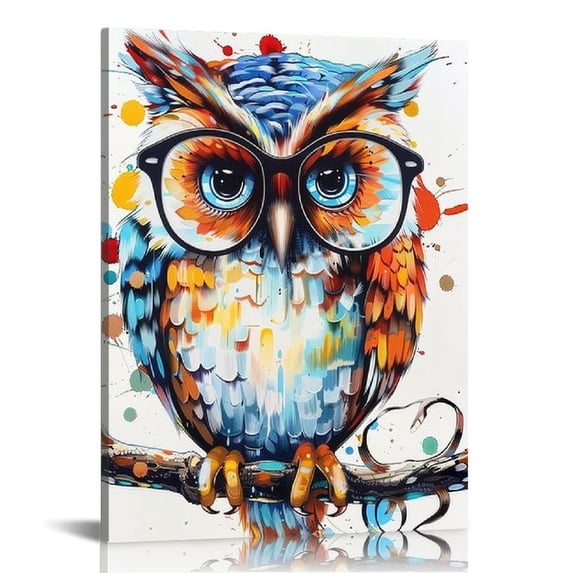 JRXY  Funny Owl Canvas Wall Art Colorful Animal Painting Prints for Modern Room Bedroom Decoration 12x16 in