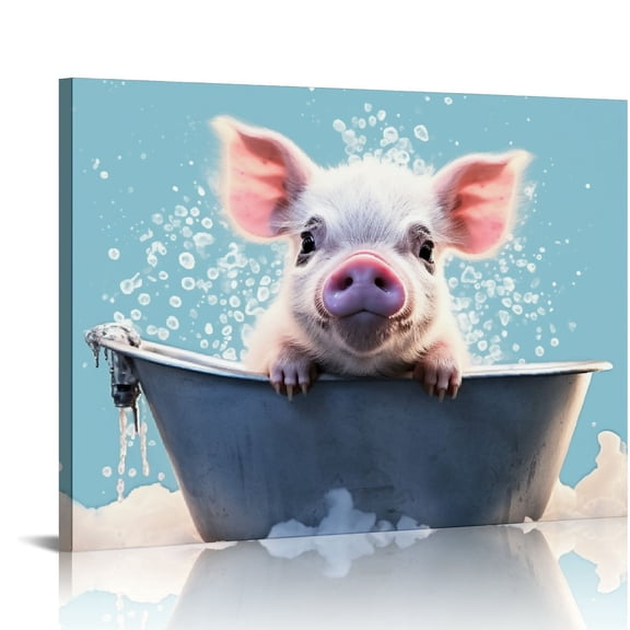 JRXY Funny Pig Bathroom Decor Wall Art Farmhouse Rustic Pig Bathtub Pictures Wall Decor Country Bathroom Sign Canvas Print Painting Framed Artwork Modern Home Decorations For Toilet 16x12in