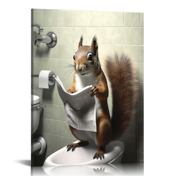 JRXY Funny Squirrel Bathroom Canvas Wall Art Cute Squirrel In Toilet Posters Black and White Animal Prints Painting Maximalist Mid Century Modern Aesthetic Wall Decor for 12x16 in