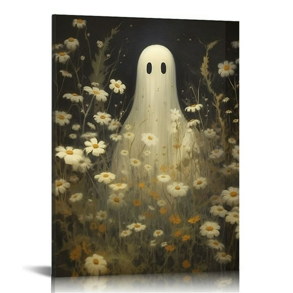 JRXY Ghost Painting Floral Print Dark Romantic Art Halloween Decoration Wall Art Academia Gothic Decor Framed Canvas 16x20in 12x16 in