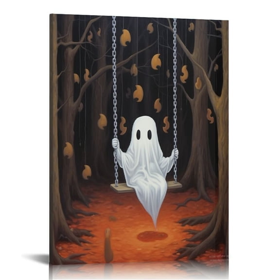 JRXY Ghost on a Swing Wall Art Cute Ghost Pictures Spooky Vintage Ghost Wall Art Vintage Dark Academia Prints Forest Ghost Ghost Poster Gothic Painting Living Room 12x16 in