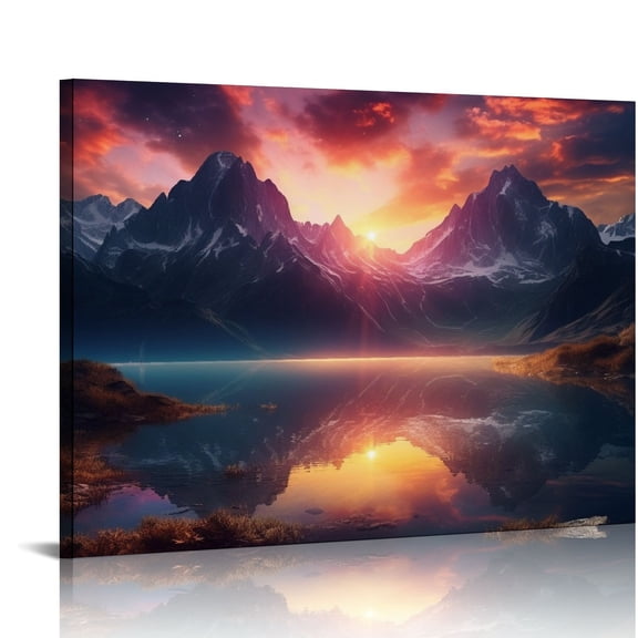 JRXY Grand Teton Canvas Wall Art National Park Scenery Photo Poster Framed Art Prints Mountain River Pictures Wall Decor Sunset Clouds Artwork for Bedroom 16x12in