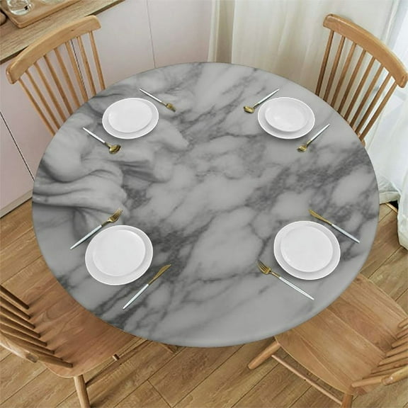 JRXY Gray White Marble Round Fitted Tablecloth with Elastic Edge,Natural Marble Round Table Cover Wipeable Washable Polyester Table Clothes for Kitchen Dining Party Patio Card Table White