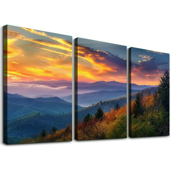 JRXY Great Smoky Mountain Wall Art Nature Decor Forest Sunrise Canvas Prints Vintage Landscape Poster 3 Piece Set 12x16x3pcs