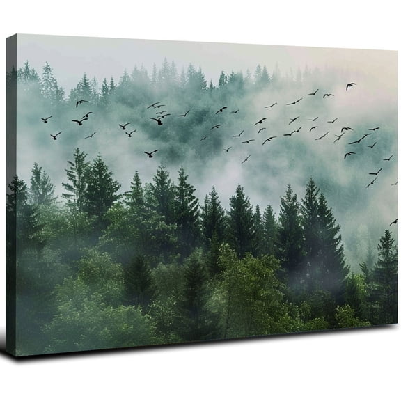 JRXY Green Forest Wall Art Tropical Virgin Forest Mountain Bird Contemporary Canvas Pictures Modern Artwork Framed for Bathroom Bedroom Nursery Living Room Home Office Kitchen Wall Decor 16x12inch