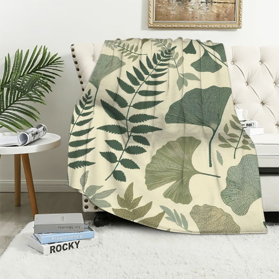 JRXY Green Leaf Floral in Vintage Style Leaves and Herbs Boxwood Seeded Eucalyptus Fern Maidenhair Decorative Flannel Fleece Blanket White
