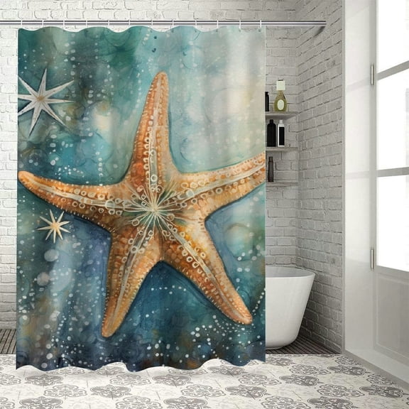 JRXY Green Star Vintage Starfish Pastel Seafoam Blue Fish Shower Curtain White