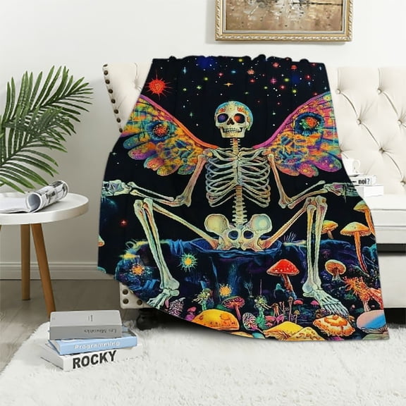 JRXY Halloween Blanket Throw, Creepy Gothic Skeleton Soft Flannel Blankets Skull, UV Reactive Eyes Blanket Mushroom for Sofa Bedroom, Halloween Decorations, All Seasons 40x50in
