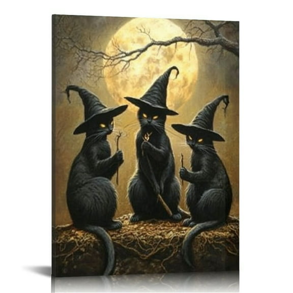 JRXY Halloween Canvas Wall Art Dark Academia Scary Witch Black Cat Castle Posters Prints Thriller Horror Gothic Wall Decor Pictures for Halloween Party House 16x24 Inches 12x16 in