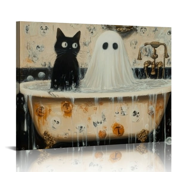 JRXY Halloween Canvas Wall Art Ghost and Black Cat in Bathtub Bathroom Decor Poster Print Dark Academia Flower Art Gothic Ghosts Face Spooky Bubblebath Room Aesthetic 16x12in