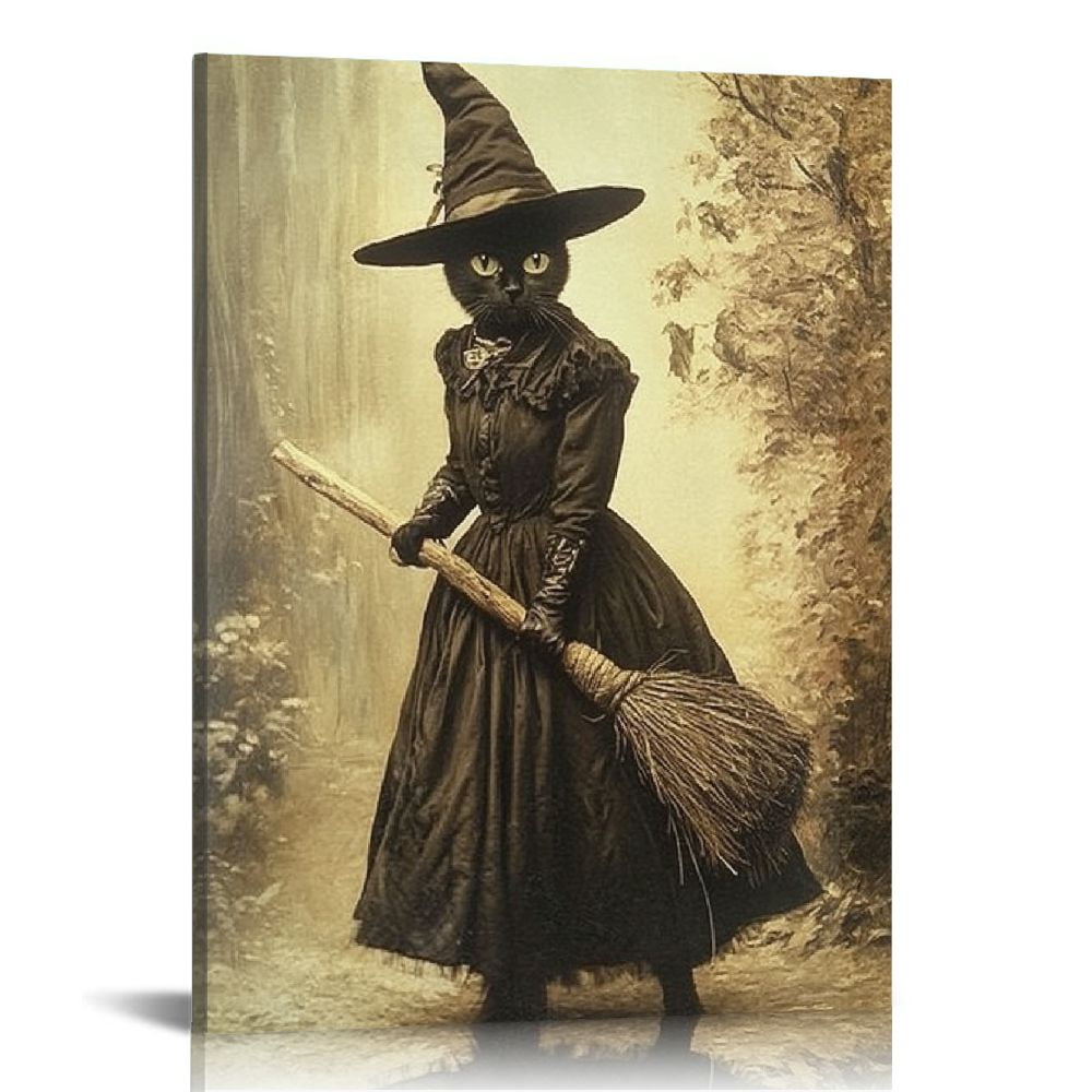 JRXY Halloween Decor Black Cat Witch Canvas Wall Art Vintage Gothic ...