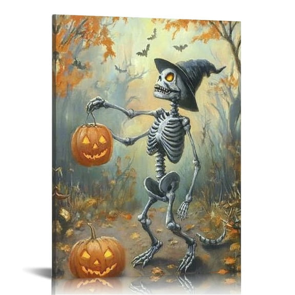 JRXY Halloween Decor Wall Art Gothic Skeleton Cat Pumpkin Picture Halloween Ghost Canvas Print for Home Office Wall Decor Framed Artwork Bathroom 12x16 in
