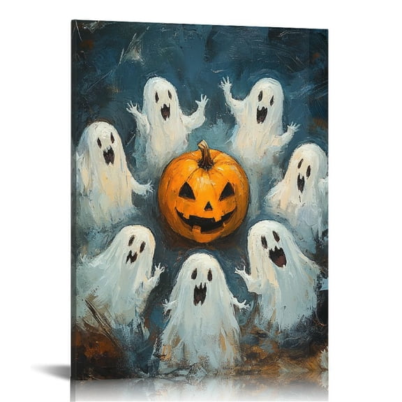 JRXY Halloween Ghost Circle Party Pumpkin Canvas Wall Decor for Bathroom Living Room Bedroom Home Office Fashion Kitchen Pictures 12x16 in