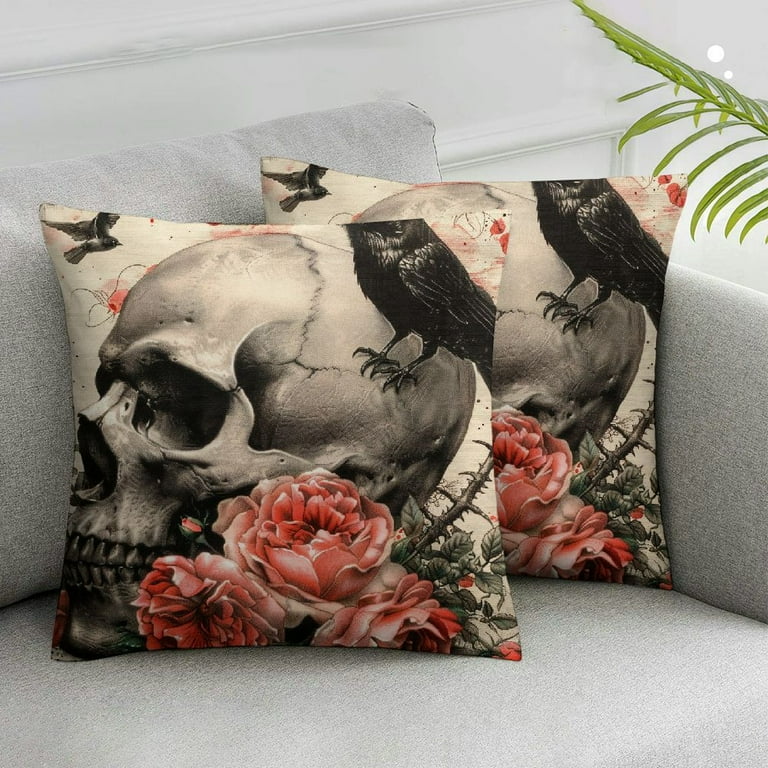 JRXY Halloween Pillow Covers Rustic Skull Raven Crow Floral Gothic