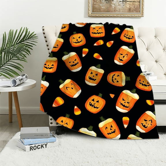 JRXY Halloween Pumpkin Blanket with Candy Corn Jack O Lantern Pattern - Flannel Fleece Blanket for All Seasons - Plush Throw Blankets Black 60x80in