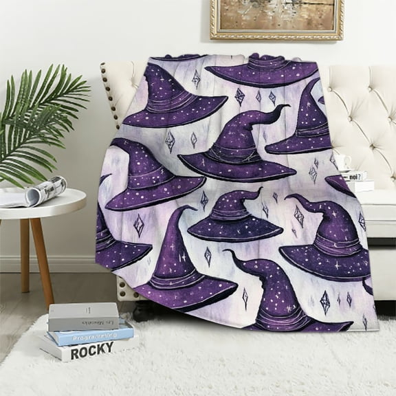 JRXY Halloween Purple Witch Hat Flannel Fleece Blanket Lightweight Blanket for Couch Sofa Bed All Seasons - Multiple Sizes Available 40x50in