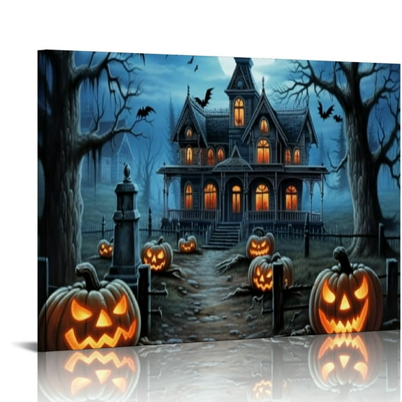 JRXY Halloween Wall Art Smiling Creepy Pumpkin Lantern & Ancient Tree Scene Pictures Modern Home Decor Framed 16x12in