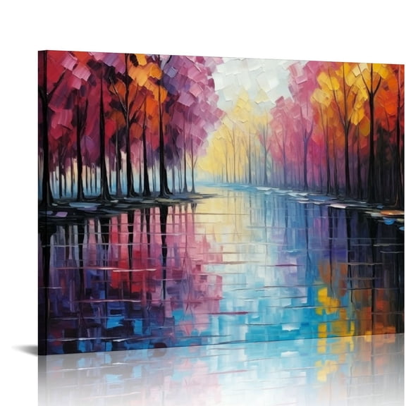 JRXY Hand Painted Lake Landscape Canvas Wall Art with Colorful Tree Thick Texture Oil Painting Abstract Artwork 20x16in 16x12in