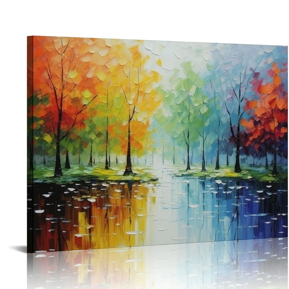 JRXY Hand Painted Palette Knife Oil Painting Modern Abstract Wall Art Hanging Lake Scenery Landscape Canvas Picture Framed Ready to Hang 20x16in