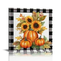JRXY Hello Fall Canvas Wall Art Prints Painting Autumn Sunflower Pumpkins Buffalo Plaid Thanksgiving Modern Frame Wall Decor 12x12 in