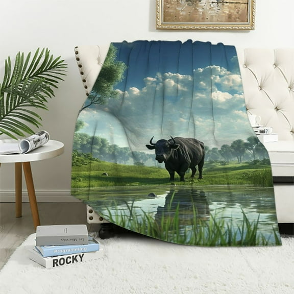 JRXY Highland Cattle Pattern Throw Blanket Highland Cow Blanket for Kids Boys Girls Farmhouse Cow Landscape Blanket for Chair Office Room,Baby White