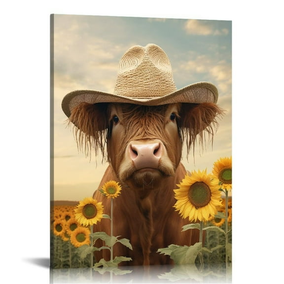 JRXY Highland Cow Black and White Canvas Wall Art Animal Painting Farmhouse Decor Longhorn Picture Stretched and Framed 12x16 in