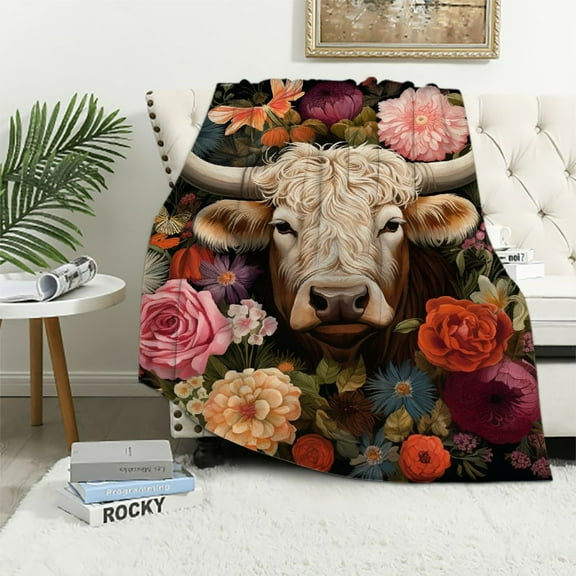JRXY Highland Cow Blanket Flower Cow Throw Blanket Rustic Farm Animal Cow Print Plush Blanket for Girls Boys Super Soft Warm Cozy Fleece Flannel Gifts for Kids Adults Couch Bed Sofa 50"x40" White