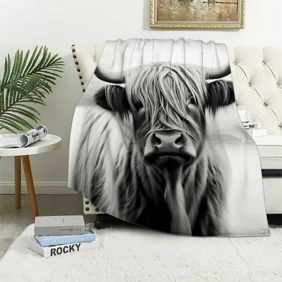 JRXY  Highland Cow Blanket,Portrait of Cow Pattern Flannel Throw Blanket,Highlander Animal Scotland Horns Bull Highland Cattle Warm Cozy Throw, All Seasons for Couch Bed Sofa  White