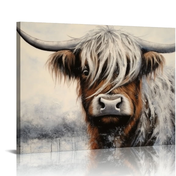 JRXY  Highland Cow Canvas Wall Art Hand Painted Lovely Wild Animal Oil Paintings Grey and White Pictures Yak Artwork for Farmhouse Living Room Bedroom Bathroom Decoration Picture 2