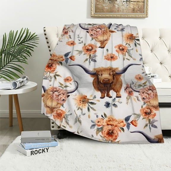 JRXY Highland Cow Flowers Blanket for Boys Girls, Cute Highland Cow Kids Throw Blanket Gift for Child, Fluffy Cozy Soft Lightweight Blankets for Bed Office,  White