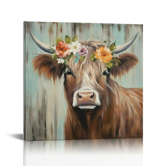 JRXY Highland Cow Picture Wall Decor Canvas Print Art Vintage Country Farmhouse Ready to Hang 16x16in 16x16